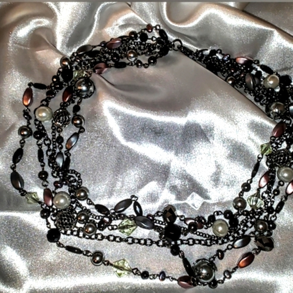 Lia Sophia Katie Hematite, Faux Pearls & Glass Beads 6 Strand Gunmetal Necklace